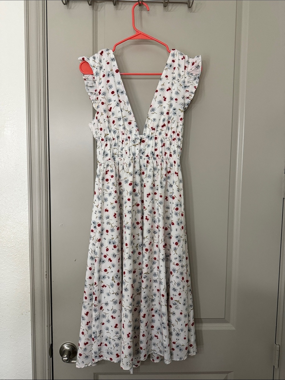 SHEIN White Midi Dress with Red & Blue Floral Print